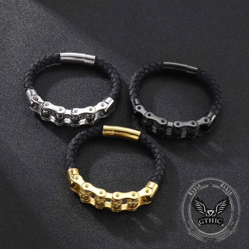 Punk Rotating Skull Stainless Steel Leather Bracelet sold by GTHIC product image thumbnail 4