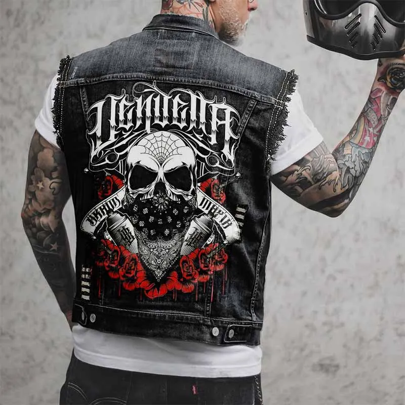 Punk Spider Web Rose Skull Lettering Print Denim Vest sold by GTHIC