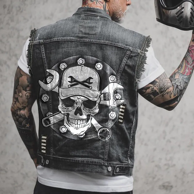 Vintage Mechanic Skull Print Lapel Denim Vest sold by GTHIC