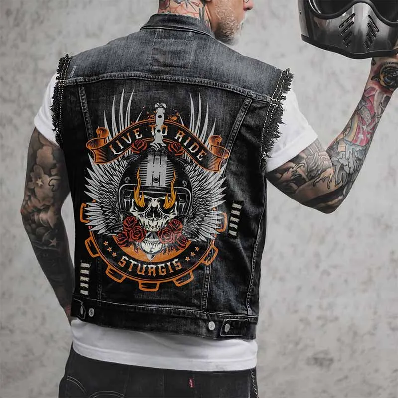 Punk Live To Ride Rose Skull Print Denim Vest sold by GTHIC