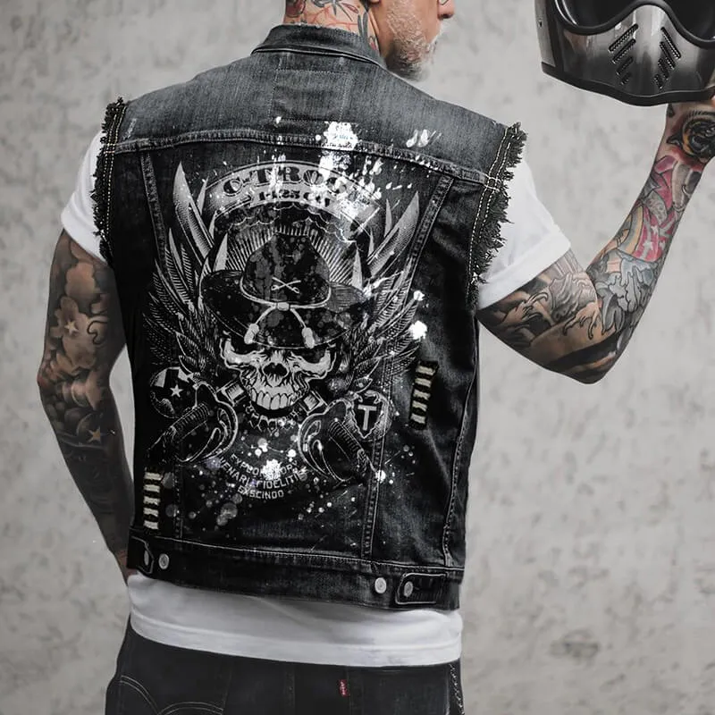 Punk Fierce Soldier Skull Print Denim Vest sold by GTHIC