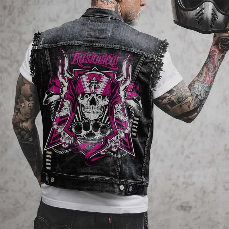 Punk Bandana Skull Print Lapel Ripped Denim Vest sold by GTHIC