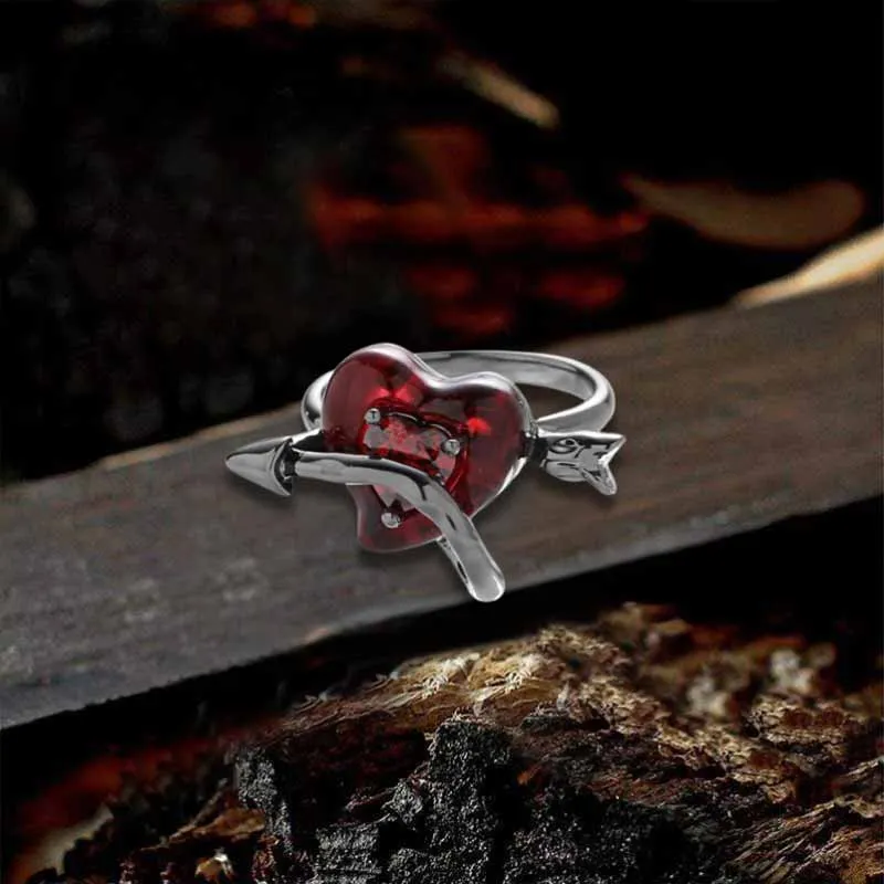 Gothic Red Love Heart Arrow Alloy Adjustable Ring sold by GTHIC
