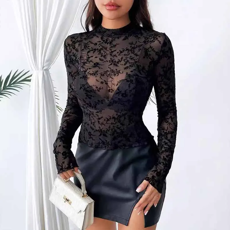 Mesh See-Through Flocking Print Sexy Long Sleeve Top sold by GTHIC product image thumbnail 3