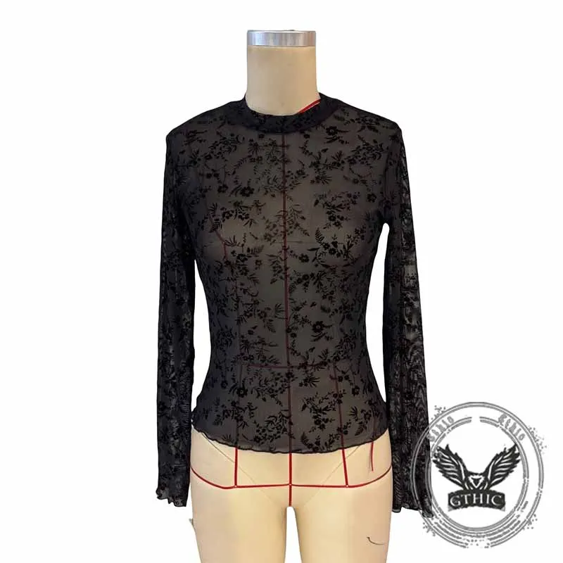 Mesh See-Through Flocking Print Sexy Long Sleeve Top sold by GTHIC product image thumbnail 5