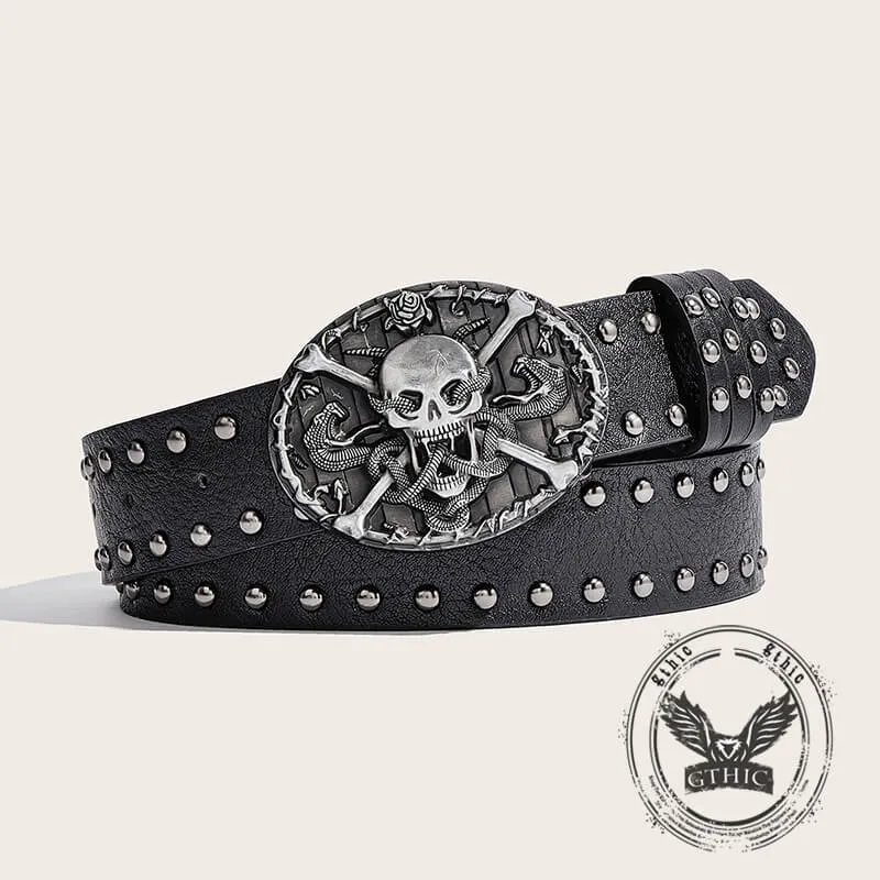 Skull And Snake Buckle Gothic Rivet PU Leather Belt sold by GTHIC