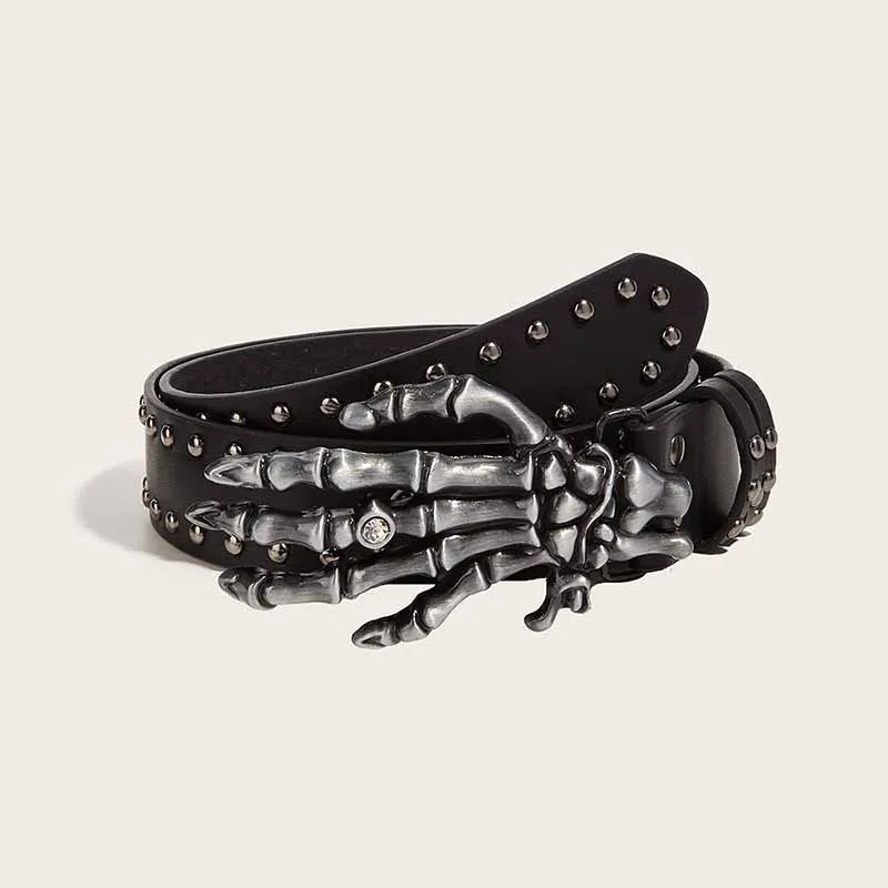 Punk Skull Hand Buckle Rivet PU Leather Belt sold by GTHIC