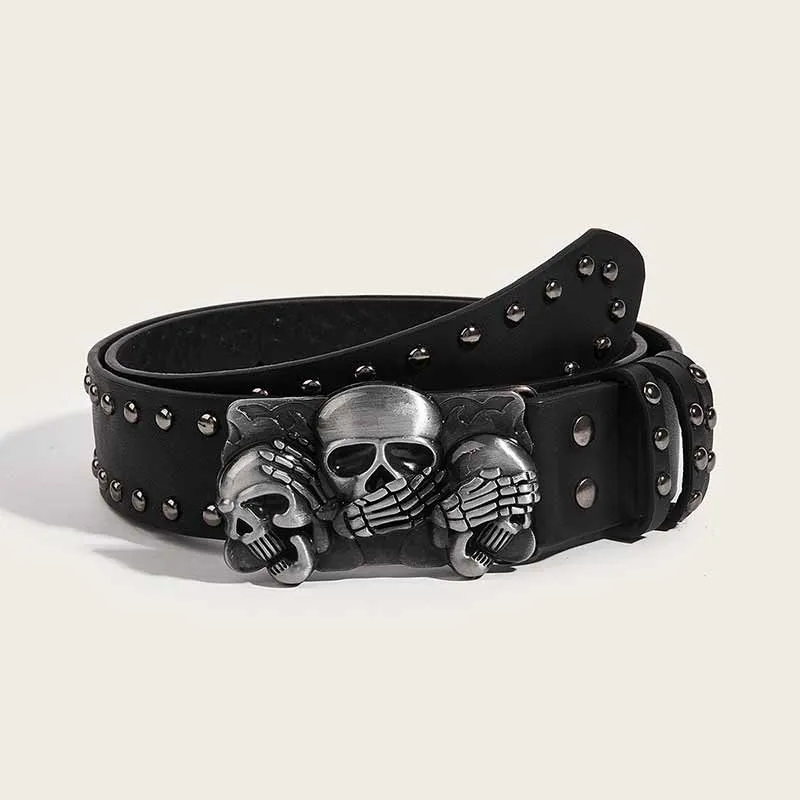 Punk Triple Skull Buckle Rivet PU Leather Belt sold by GTHIC