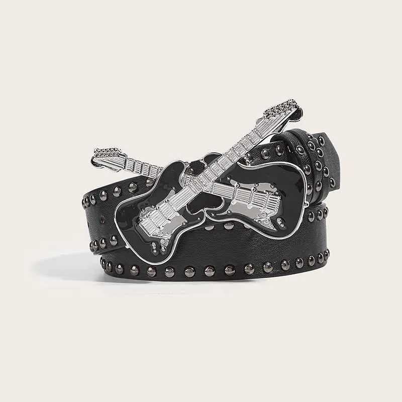 Y2K Fashion Double Guitar Buckle Rivet PU Leather Belt sold by GTHIC