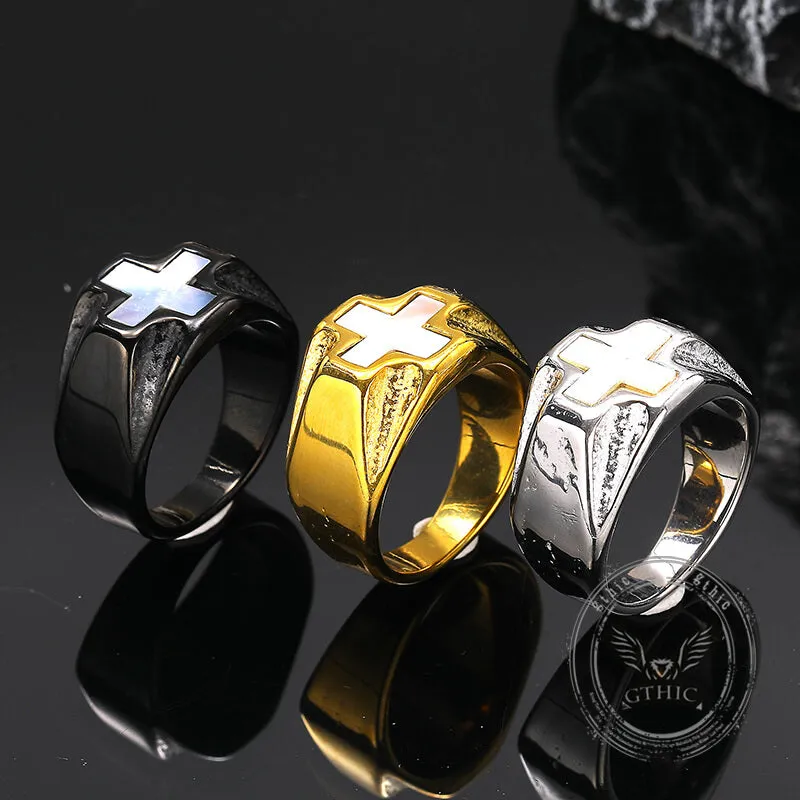 Vintage White Shell Cross Stainless Steel Ring sold by GTHIC