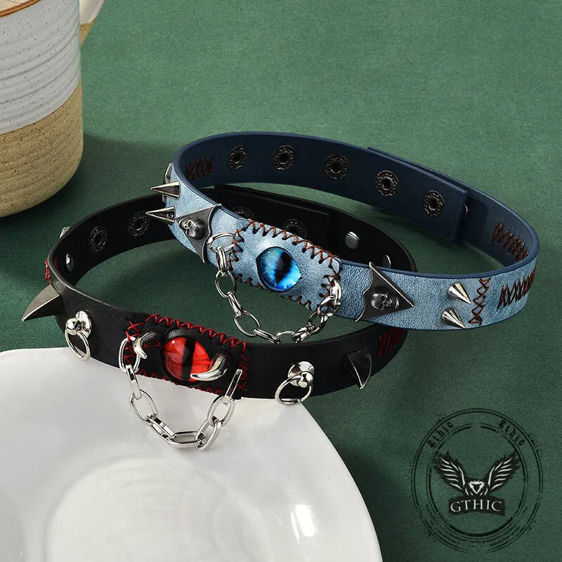 Gothic Y2K Gem Eye Skull Rivet Leather Choker Necklace sold by GTHIC