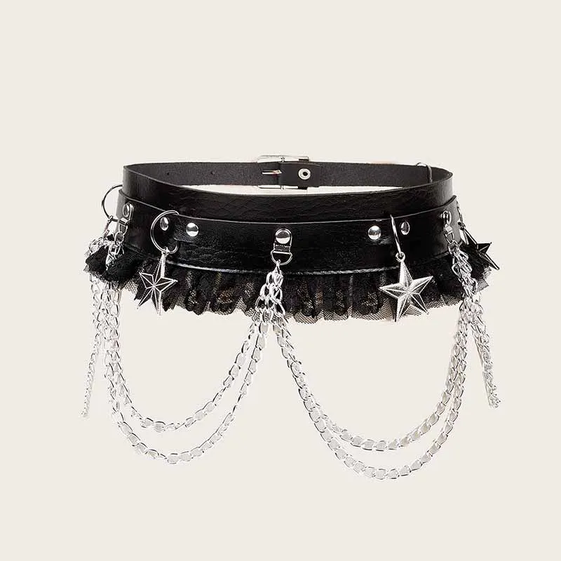 Punk Chain Lace Star Decorated PU Leather Belt sold by GTHIC