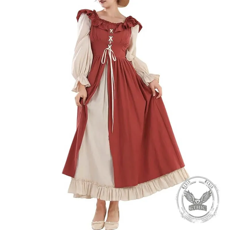 Retro Medieval Ruffle Colorblock Lace-Up Dress sold by GTHIC