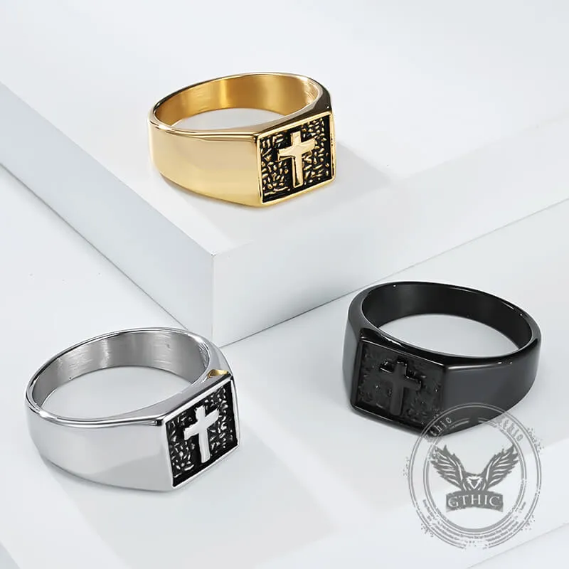 Simple Cross Square Seal Stainless Steel Ring sold by GTHIC