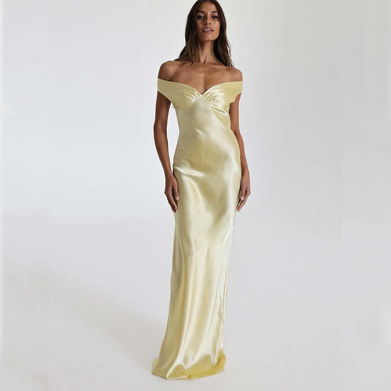 Elegant Off Shoulder Backless Cut Out Satin Maxi Dress sold by GTHIC