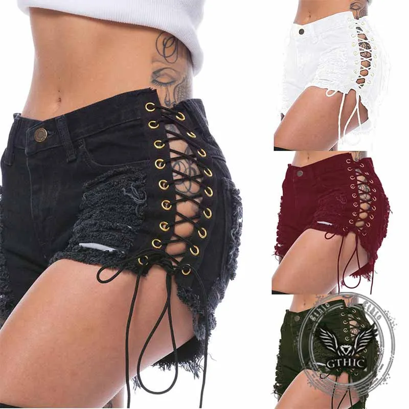 Sexy Side Lace-Up Design Solid Color Ripped Shorts sold by GTHIC