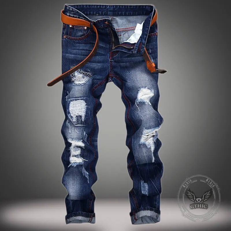 Punk Ripped Distressed Straight-Leg Vintage Jeans sold by GTHIC