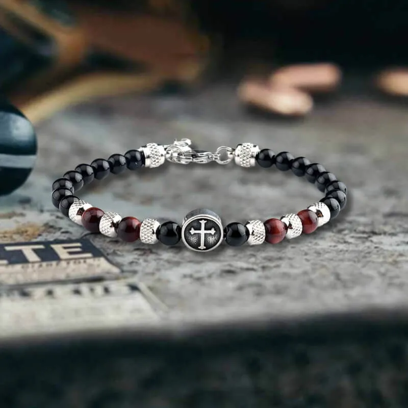 Vintage Tiger Eye Cross Stainless Steel Beaded Bracelet sold by GTHIC