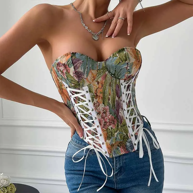 Vintage Floral Print Back Tie Fishbone Tube Top sold by GTHIC product image thumbnail 3