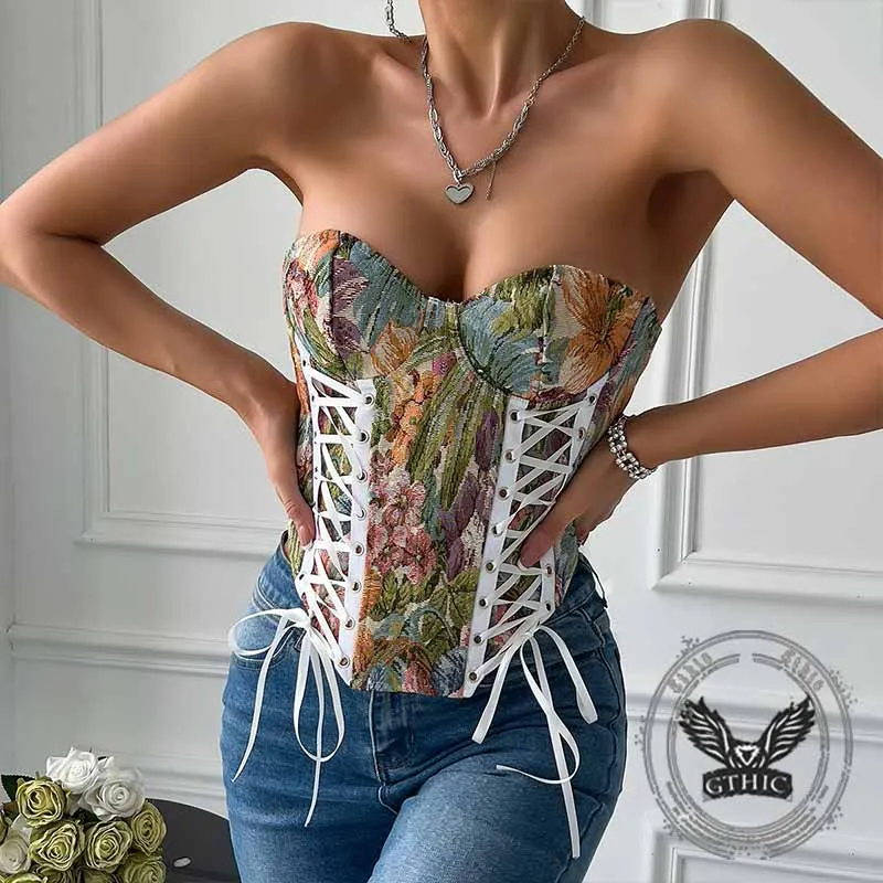 Vintage Floral Print Back Tie Fishbone Tube Top sold by GTHIC