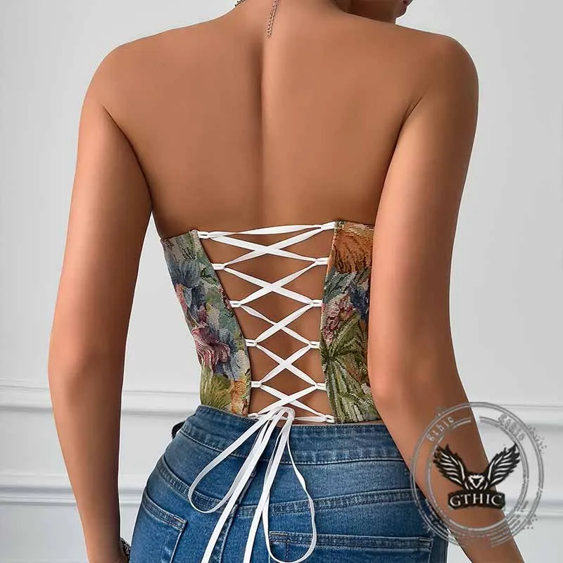 Vintage Floral Print Back Tie Fishbone Tube Top sold by GTHIC product image thumbnail 5