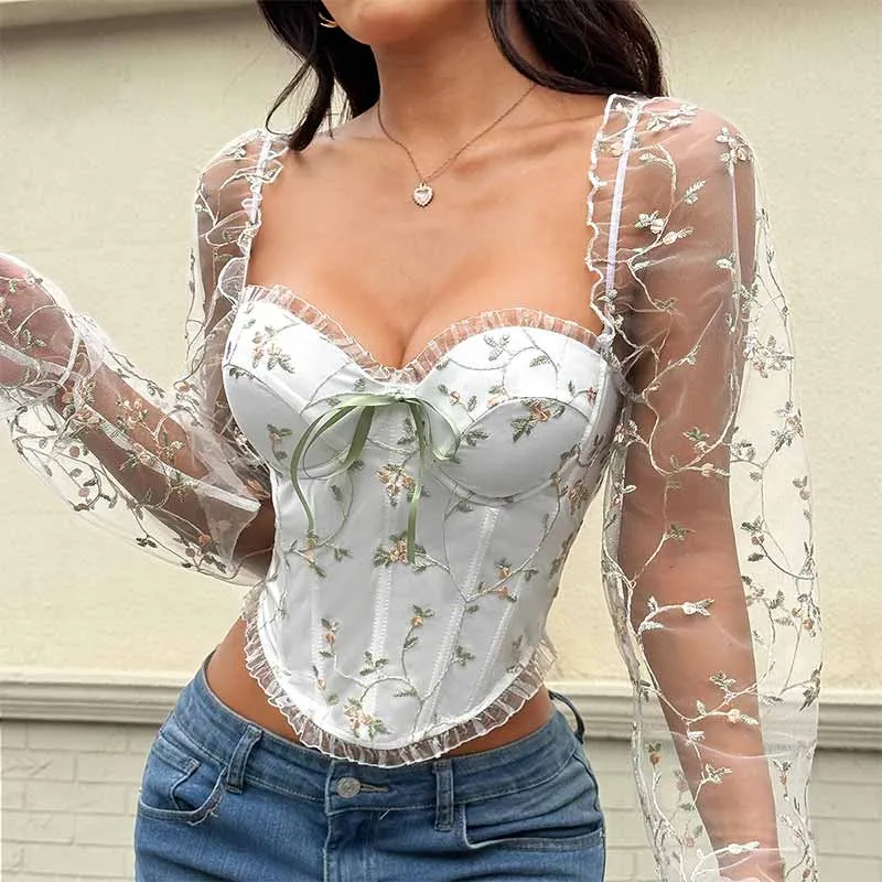 Sexy Embroidered Floral Transparent Sleeves Tube Top sold by GTHIC