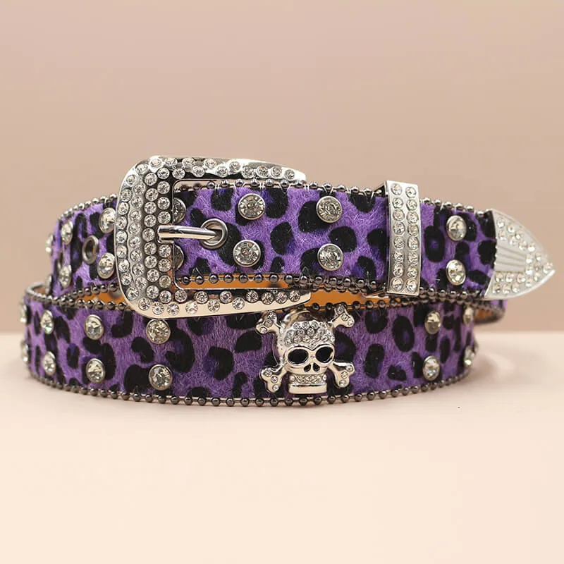 Leopard Print Rhinestone Skull Y2K PU Leather Belt made by GTHIC