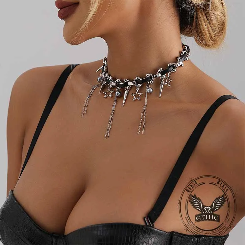 Punk Star Tassel Leather Rope Alloy Choker Necklace sold by GTHIC product image thumbnail 3