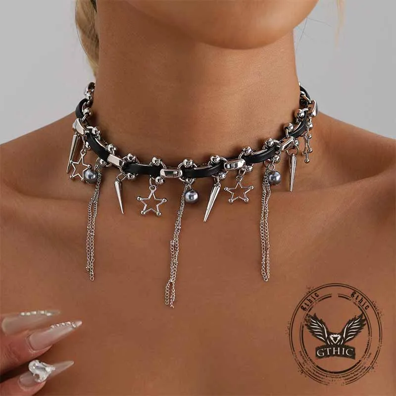 Punk Star Tassel Leather Rope Alloy Choker Necklace sold by GTHIC product image thumbnail 2