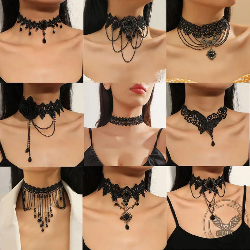 Gothic Black Hollow Lace Tassel Alloy Choker Necklace sold by GTHIC