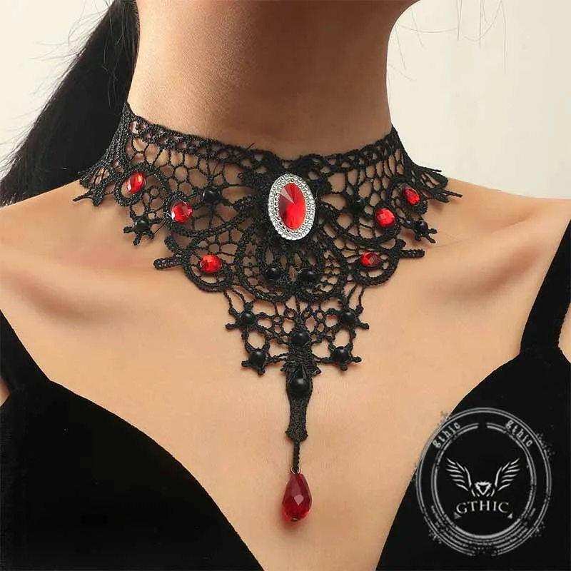 Gothic Lace Ruby Alloy Choker Necklace sold by GTHIC