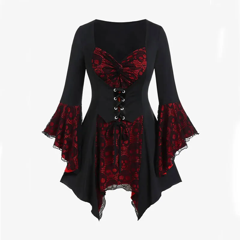 Halloween Lace Skull Lace-up Bell Sleeve Gothic Top sold by GTHIC