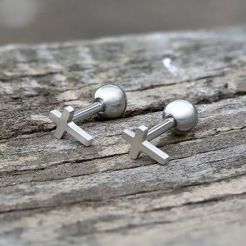 Simple Cross Sterling Silver Screw Back Earrings sold by GTHIC