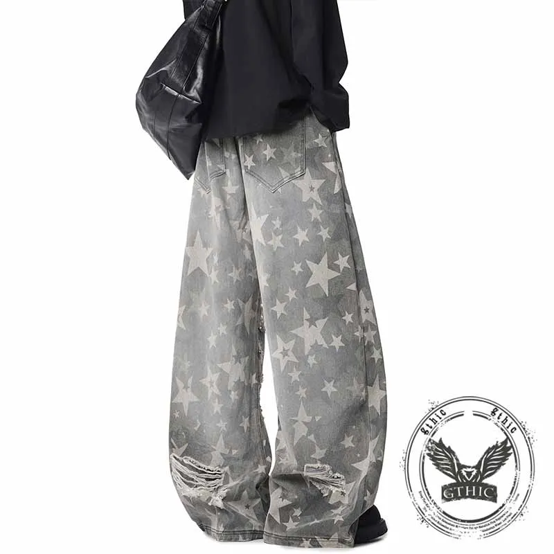 American Retro Star Print Distressed Wide-Leg Jeans sold by GTHIC product image thumbnail 4