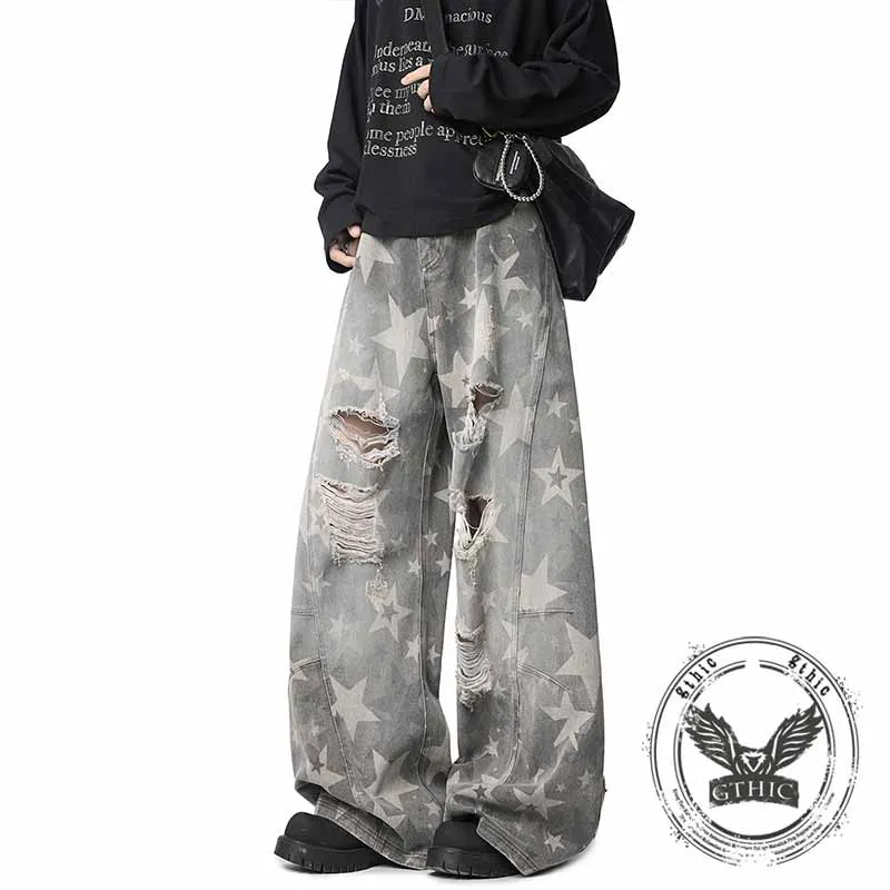 American Retro Star Print Distressed Wide-Leg Jeans sold by GTHIC
