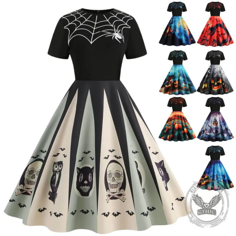 Gothic Halloween Pumpkin Print Round Neck Swing Dress sold by GTHIC