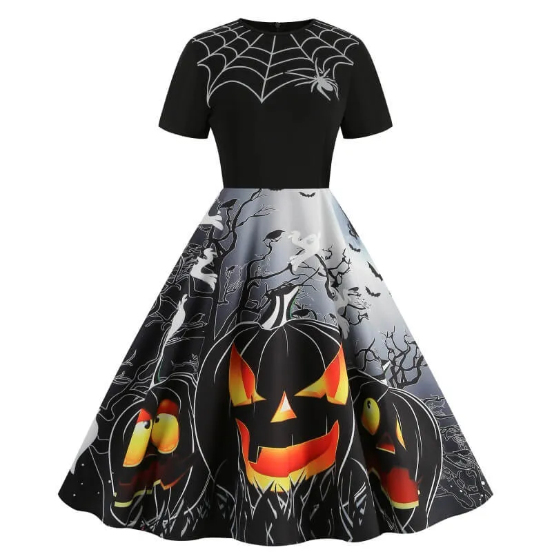 Gothic Halloween Pumpkin Print Round Neck Swing Dress sold by GTHIC product image thumbnail 5