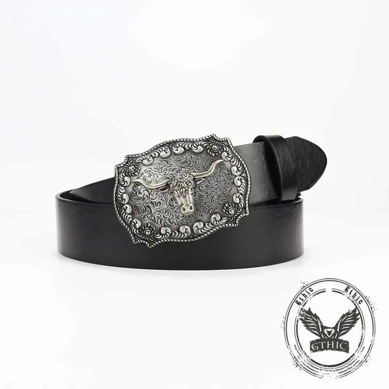 Punk Silver Bull Head Buckle Embossed PU Leather Belt sold by GTHIC