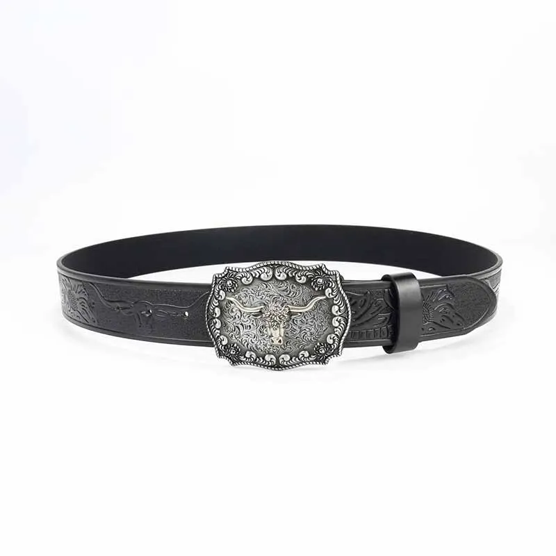 Punk Silver Bull Head Buckle Embossed PU Leather Belt sold by GTHIC product image thumbnail 5