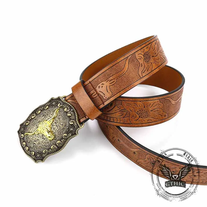 Vintage Embossed Bull Western Cowboy PU Leather Belt sold by GTHIC product image thumbnail 2
