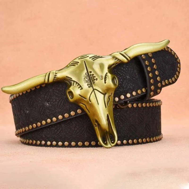 Punk Bull Head Buckle PU Leather Embossed Belt sold by GTHIC