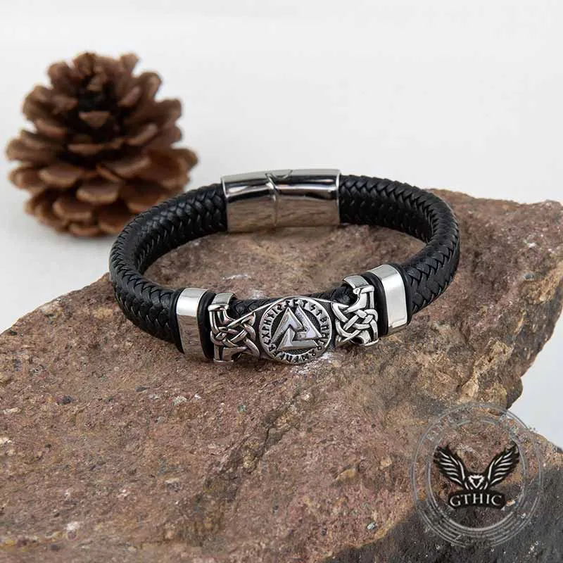 Viking Runes Valknut Stainless Steel Leather Bracelet sold by GTHIC product image thumbnail 3
