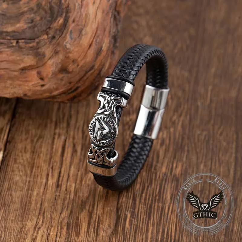 Viking Runes Valknut Stainless Steel Leather Bracelet sold by GTHIC product image thumbnail 4