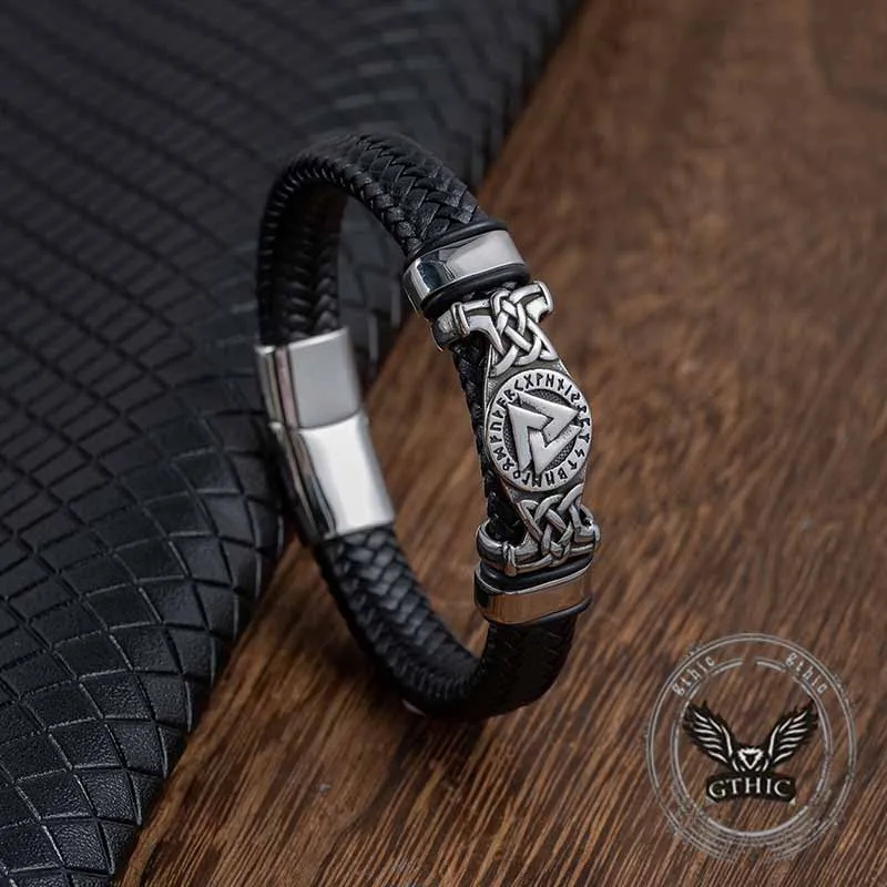 Viking Runes Valknut Stainless Steel Leather Bracelet sold by GTHIC