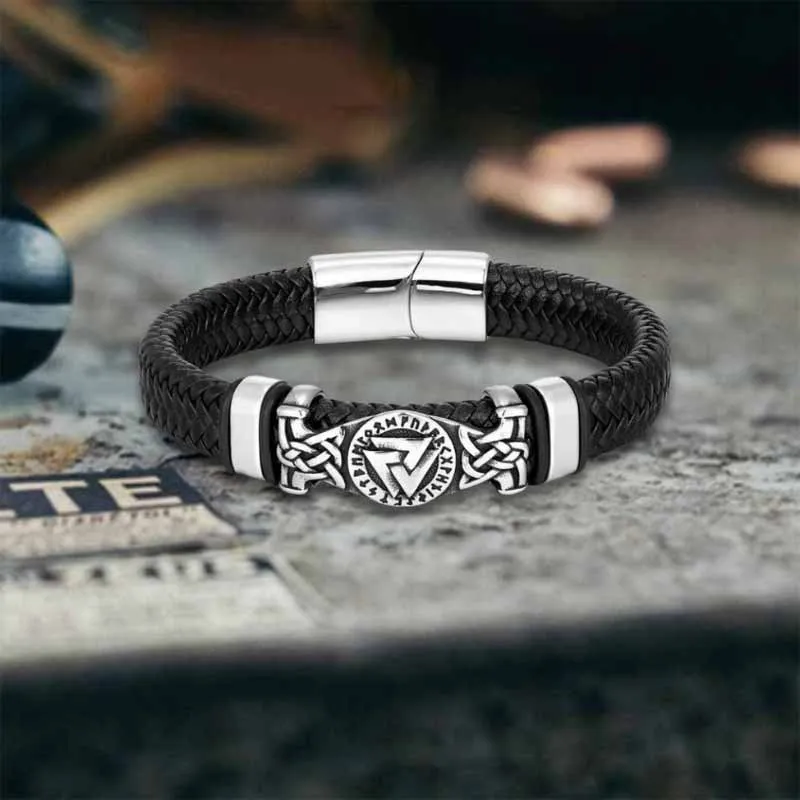 Viking Runes Valknut Stainless Steel Leather Bracelet sold by GTHIC product image thumbnail 5
