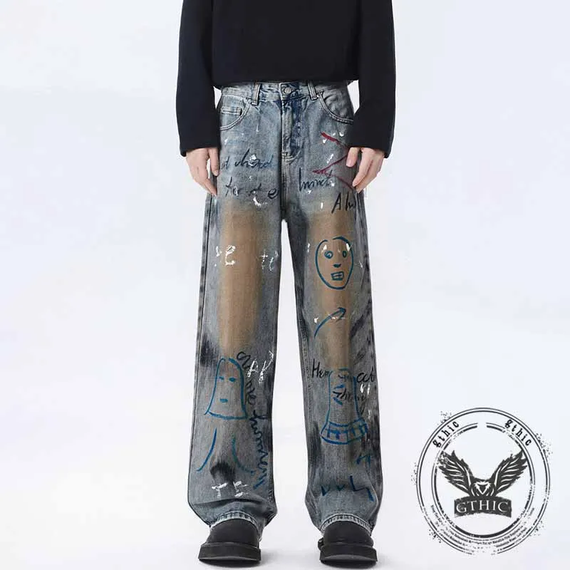 Retro High Street Letter Graffiti Design Baggy Jeans sold by GTHIC