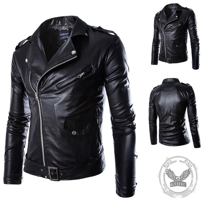 Punk Lapel Diagonal Zipper PU Leather Motorcycle Jacket sold by GTHIC
