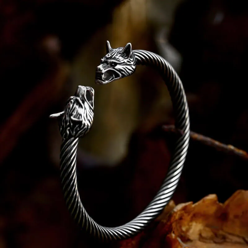 Viking Dominating Double Wolf Head Stainless Steel Open Bracelet sold by GTHIC product image thumbnail 5