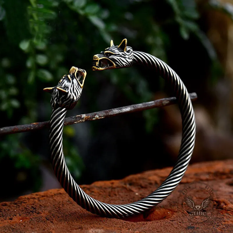 Viking Dominating Double Wolf Head Stainless Steel Open Bracelet sold by GTHIC