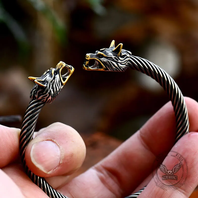 Viking Dominating Double Wolf Head Stainless Steel Open Bracelet sold by GTHIC product image thumbnail 2